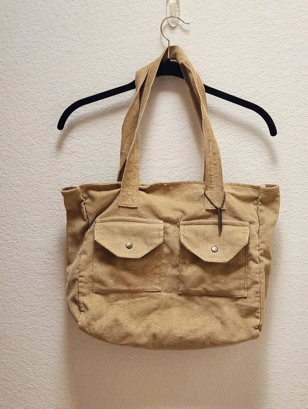 Y2K Tan Corduroy Tote Bag Duel Cargo Style Pockets